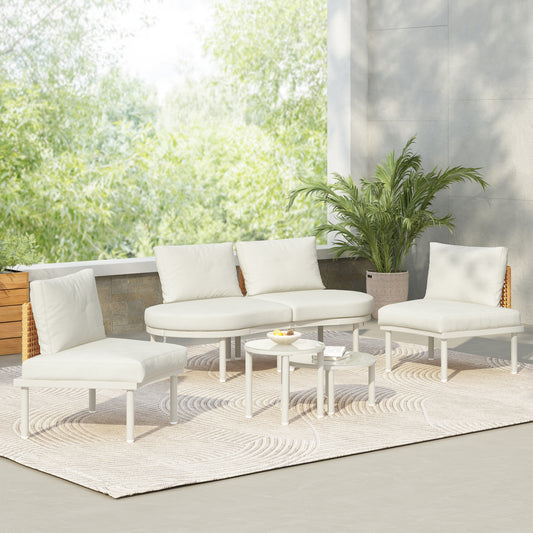 TOPMAX 6-Piece Patio Sofa Furniture Set, Half Moon Outdoor Sectional Sofa with 2 High-Low Coffee Tables, PE Wicker Rattan, Tempered Glass, 4 Pillows & Cushions, for Backyard, Garden, Poolside,Beige image 1