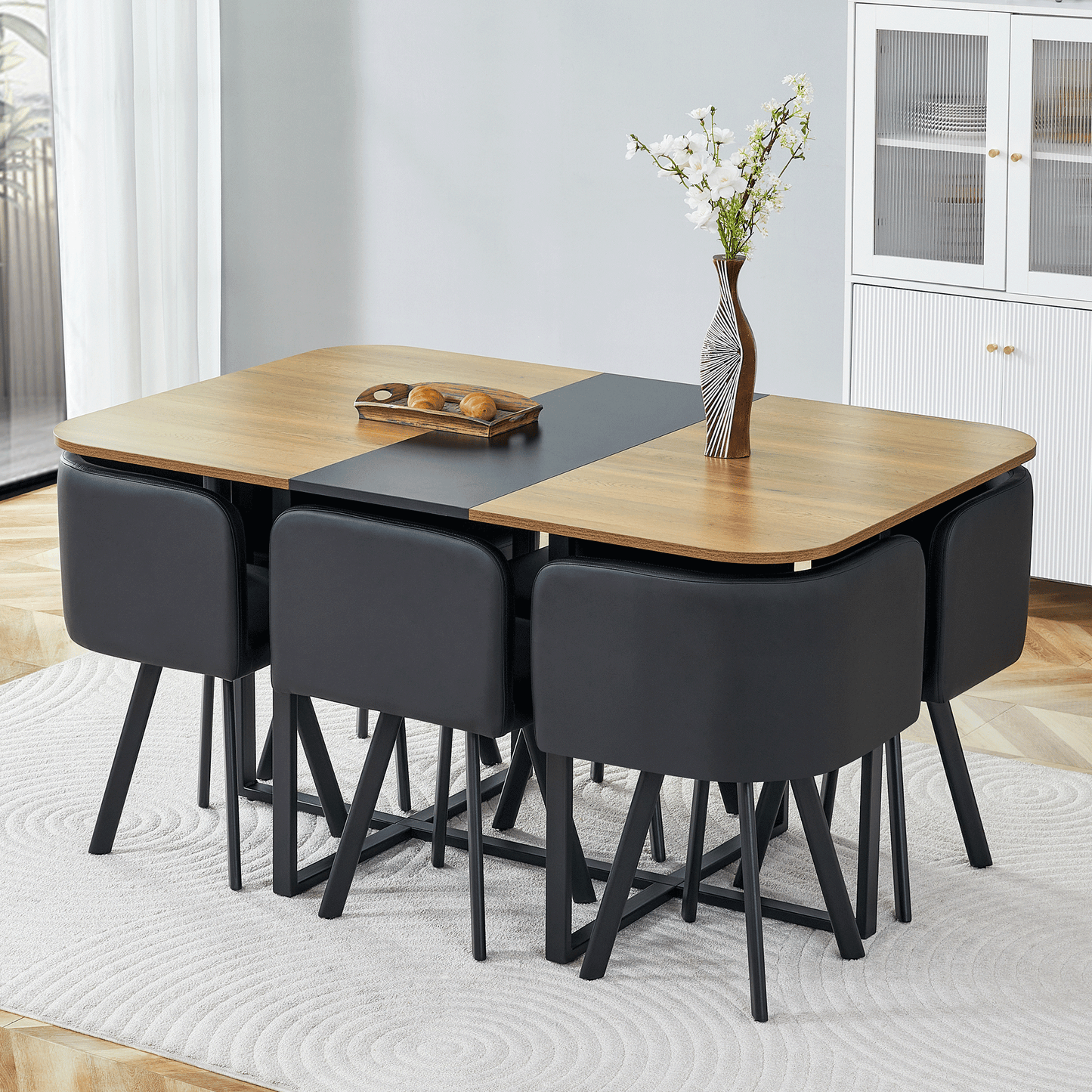 7-Piece Dining Table Set for 6, 1 Table & 6 Black PU Upholstered Chairs, Black & Wood Grain Melamine Table, Modern Kitchen Nook Set for Dining Room, Apartment & Small Space image 3