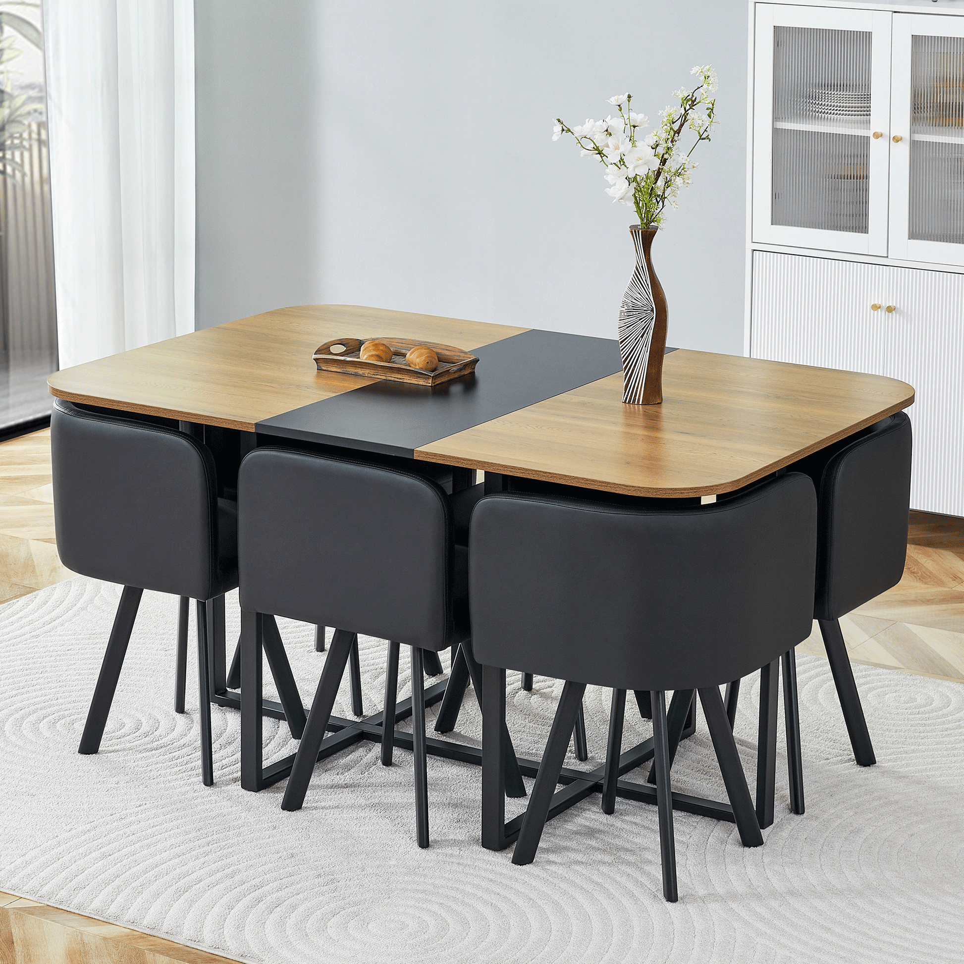 7-Piece Dining Table Set for 6, 1 Table & 6 Black PU Upholstered Chairs, Black & Wood Grain Melamine Table, Modern Kitchen Nook Set for Dining Room, Apartment & Small Space image 3