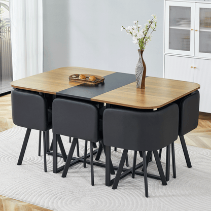7-Piece Dining Table Set for 6, 1 Table & 6 Black PU Upholstered Chairs, Black & Wood Grain Melamine Table, Modern Kitchen Nook Set for Dining Room, Apartment & Small Space image 3