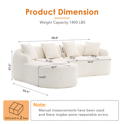 Boneless L-Shape Sectional Sofa with Curved Chaise,White Modular Chenille Compression Couch,30D High-Density Foam,Minimalist Modular Couches Sleeper for Living Room Bedroom Apartment Lounge. image 2