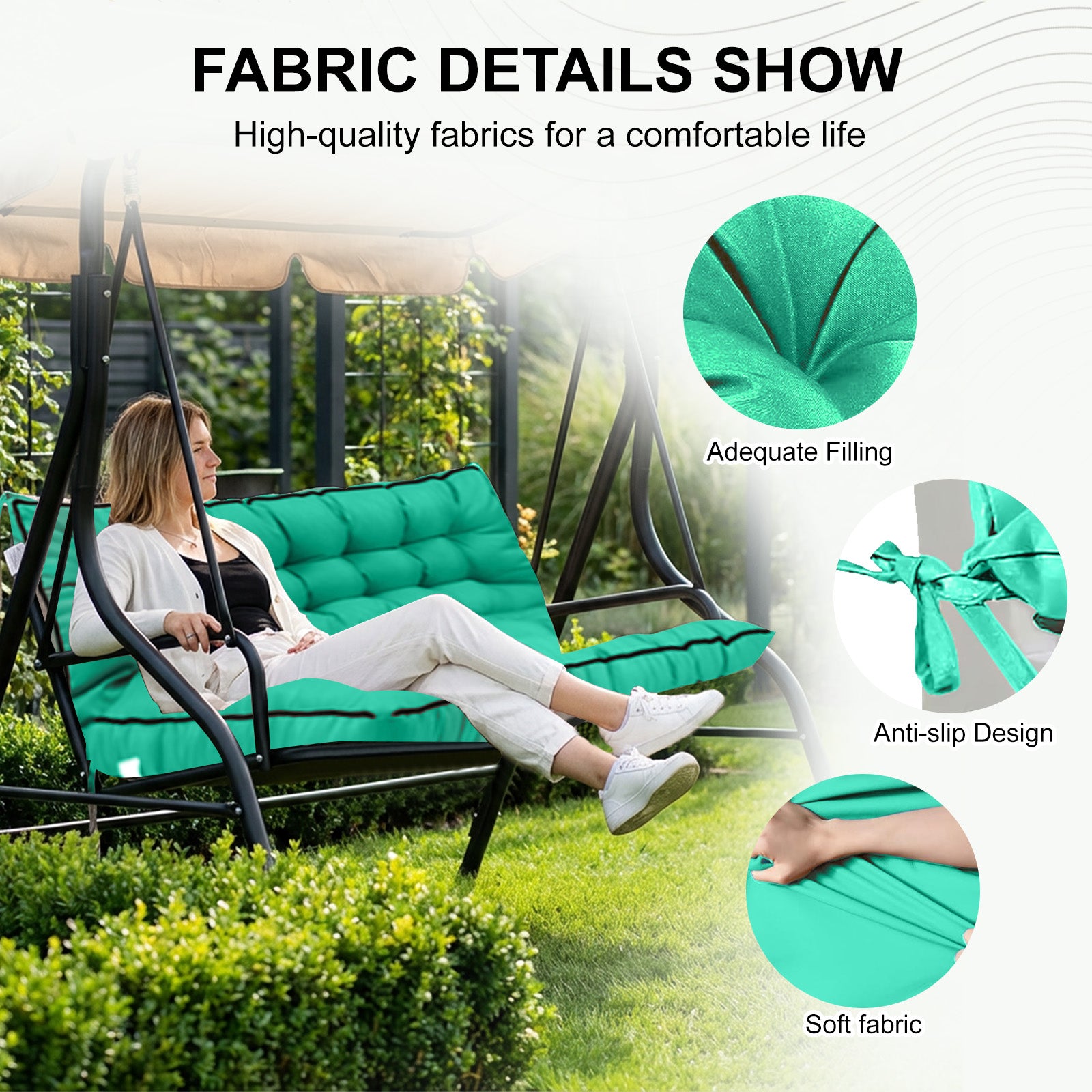 3 Seater Outdoor Porch Swing Cushion with Backrest, 4 Inch Extra Thick Waterproof Swing Replacement Cushion, 2-3 Seat Thicken Patio Bench Cushion for Garden Backyard Outdoor Furniture (acid blue) image 2