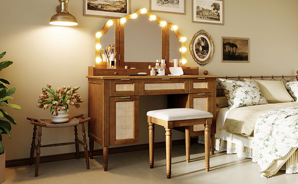 44.37" Makeup Vanity Desk with Stool Set, 13 Hollywood Bulbs & 3 Lighting Modes Dressing Table, Tri-Fold Mirror Large Vanity Table with Cushioned Stool, Charging Station, Ample Storage, Espresso image 10