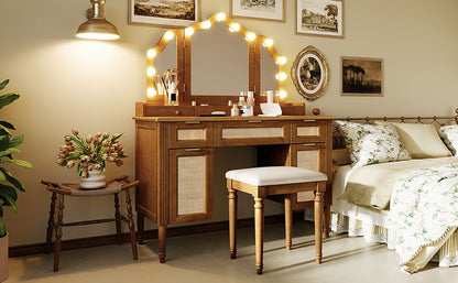 44.37" Makeup Vanity Desk with Stool Set, 13 Hollywood Bulbs & 3 Lighting Modes Dressing Table, Tri-Fold Mirror Large Vanity Table with Cushioned Stool, Charging Station, Ample Storage, Espresso image 10