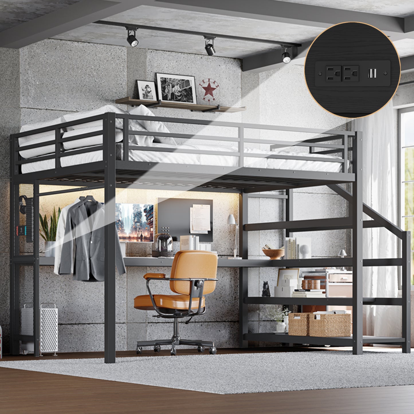 Queen Loft Bed with Desk and Storage Stairs, Metal Loft Beds with LED Lights, USB Ports, Multifunctional Iron Nets, No Spring Box Needed and Noise-free, Black image 1