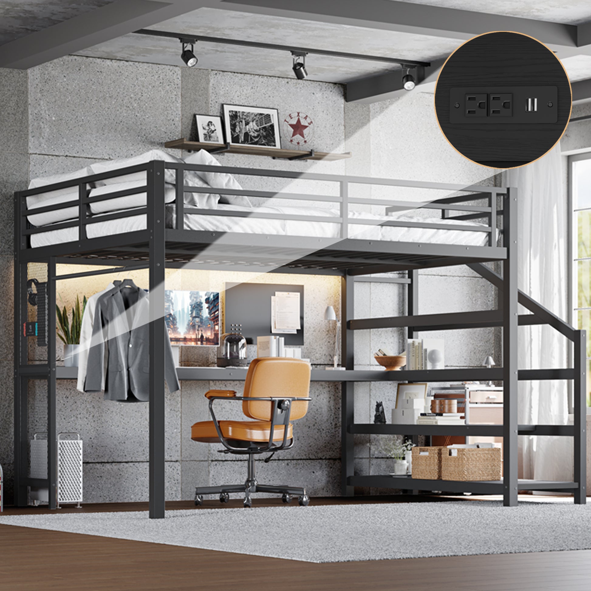 Queen Loft Bed with Desk and Storage Stairs, Metal Loft Beds with LED Lights, USB Ports, Multifunctional Iron Nets, No Spring Box Needed and Noise-free, Black image 1