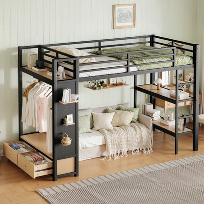 Twin XL size Loft Bed Frame with Wardrobe,Metal Loft Bed with Storage Shelves and Pegboard,Black image 2