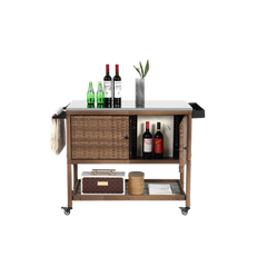 Outdoor Wicker Bar Cart, Patio Wine Serving Cart w/Wheels, Rolling Rattan Beverage Bar Counter Table w/Glass Top for Porch Backyard Garden Poolside Party, Brown