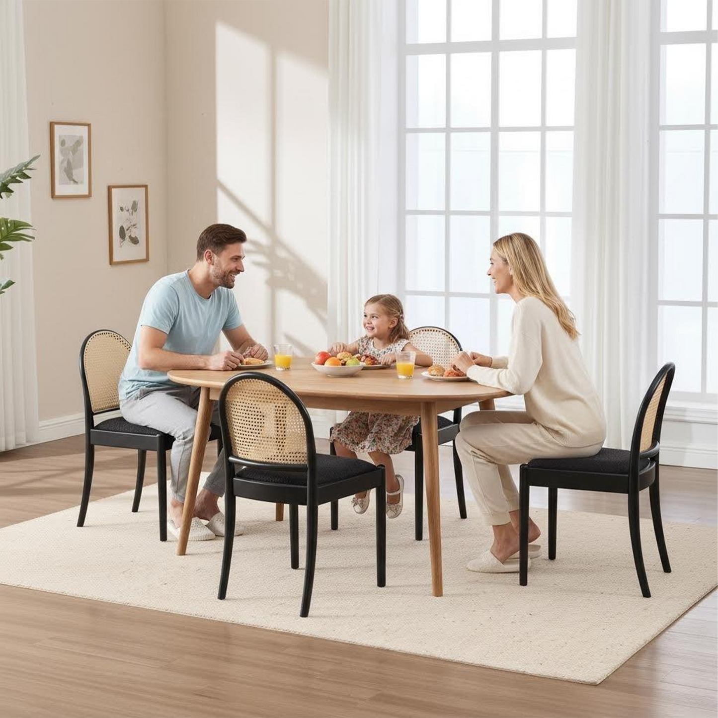 Rattan Dining Chairs Set of 2, Upholstered Linen Dining Room Chairs with Backrests, Modern Kitchen Chairs with Wood Legs for Dining Room, Black image 11