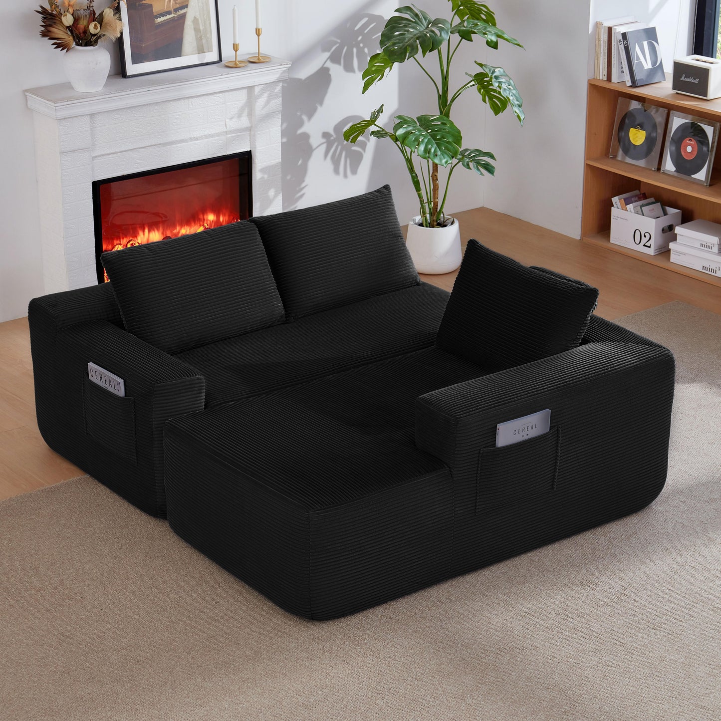 104" Cloud Sectional Sofa with L-Shape Chaise and Side Pockets, Modern Modular Design, with side pockets, Upholstered Couch for Living Room/Bedroom, No Assembly Required (CorduroyFabric),Black, Right image 2