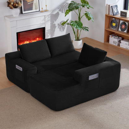 104" Cloud Sectional Sofa with L-Shape Chaise and Side Pockets, Modern Modular Design, with side pockets, Upholstered Couch for Living Room/Bedroom, No Assembly Required (CorduroyFabric),Black, Right image 2