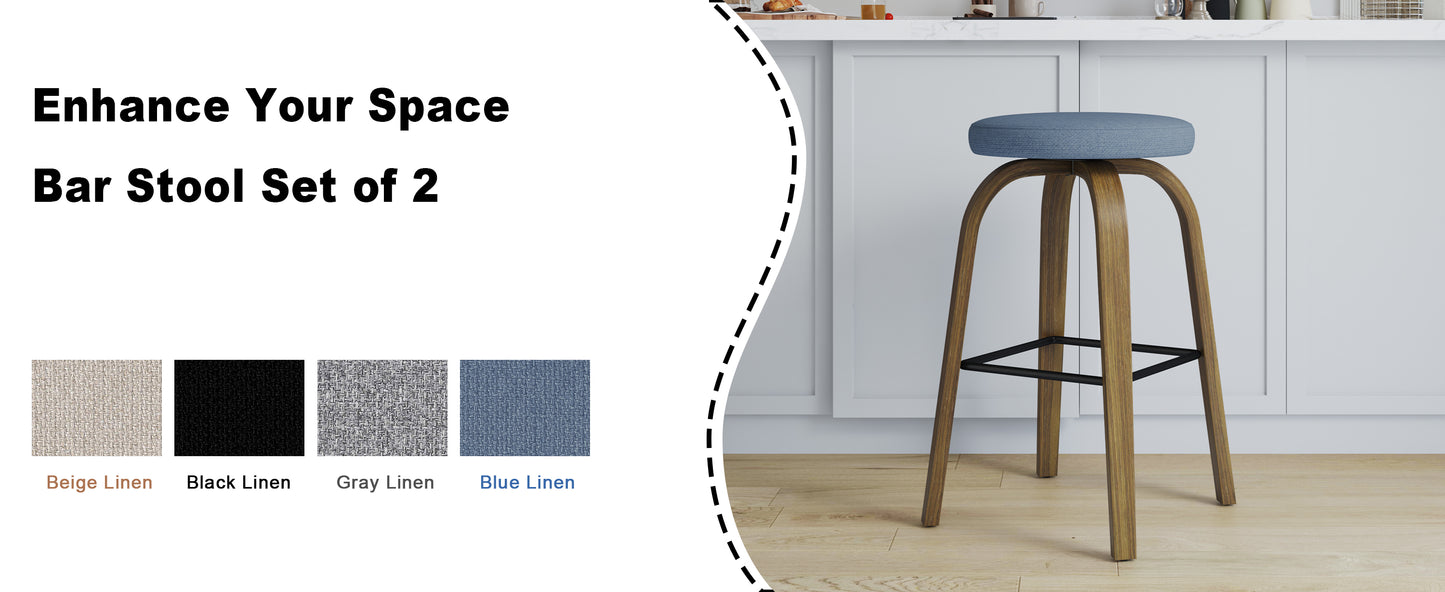 AILUNWALL Swivel Bar Stools Set of 2, Bar Height Backless 30″ Bar Stool, Fabric Upholstered Seat, Sturdy Wood Legs and Metal Footrest, Mid-Century Modern Island Stools for Home Bars, Restaurants, Blue image 9