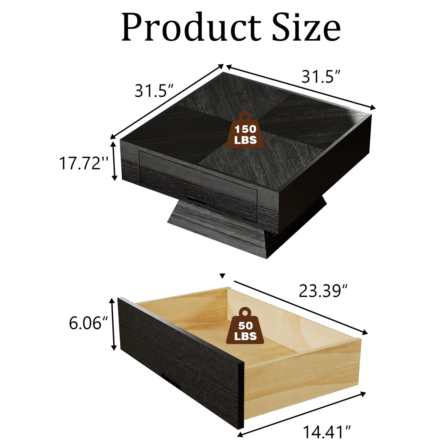 Square Veneer-Top Coffee Table with Drawer, KD Pedestal Base, Weathered Natural / Pearl Black image 4