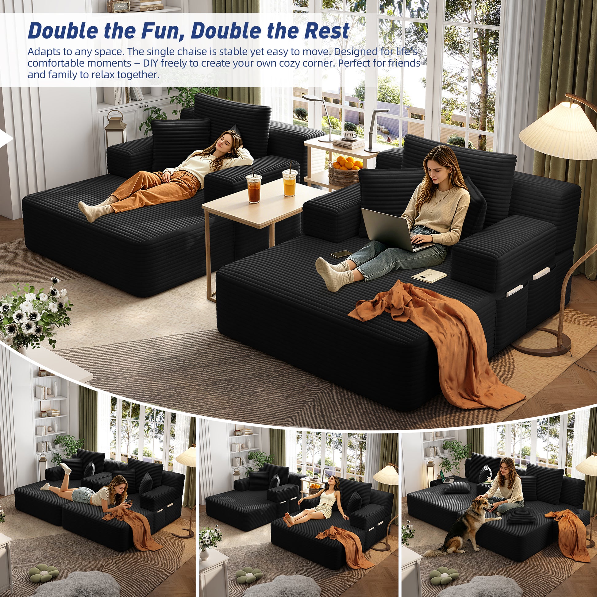 Oversized Double Chaise Lounge 2-Piece Set, Luxurious Plush Corduroy Convertible Sofa Bed with 6 Pillows and Storage Pocket, for Small Spaces,Home Theater, Living Room, Black image 7