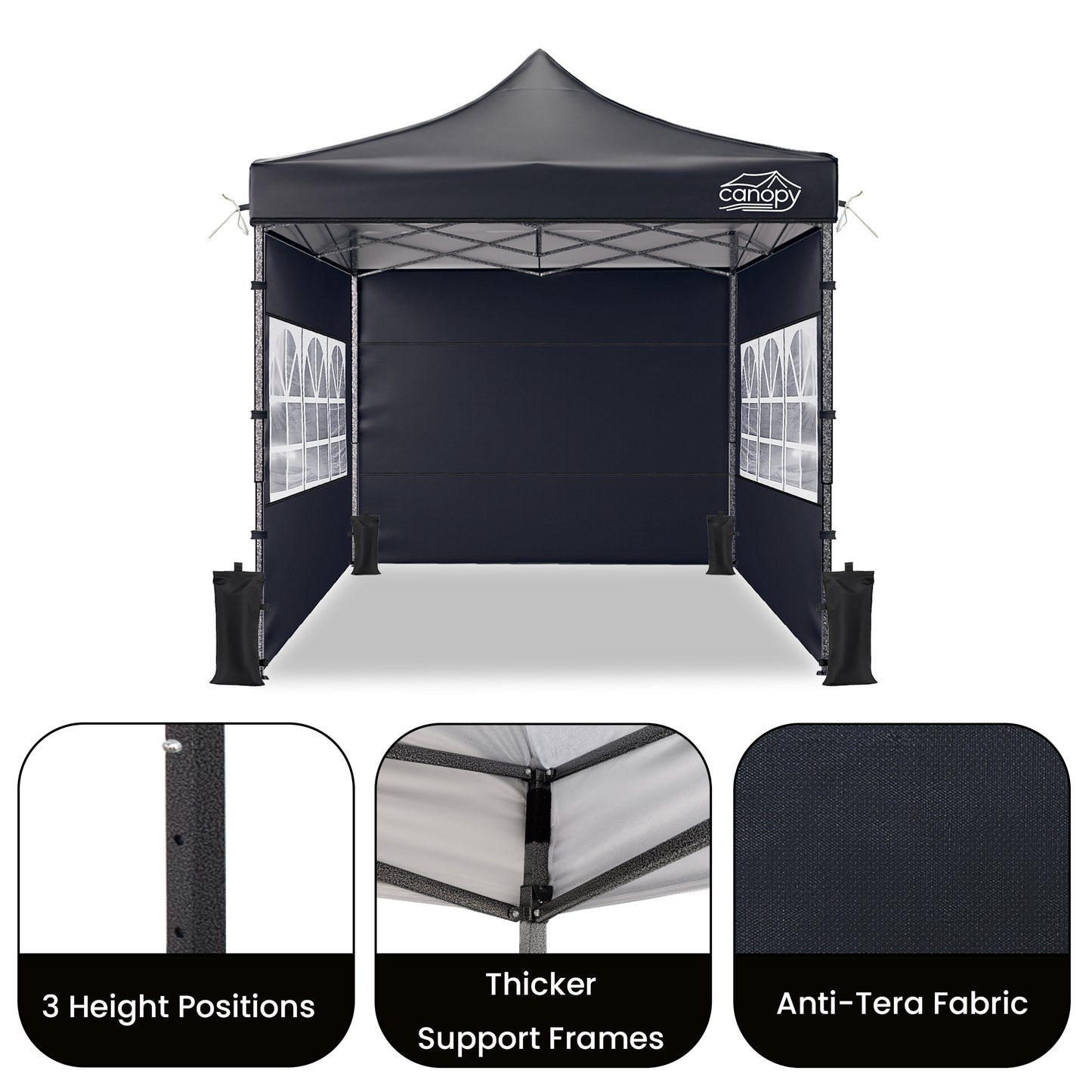 10x10 Pop Up Canopy, 3-in-1 9m Sidewall, Black Speckled Frame, Black Silver-Coated Top UPF50+ WR, 4 Heights 6.7-7.6ft, 1Sidewall+2 Windows, incl Stakes/Sandbags/Ropes/Bag for Market Camping Beach image 8
