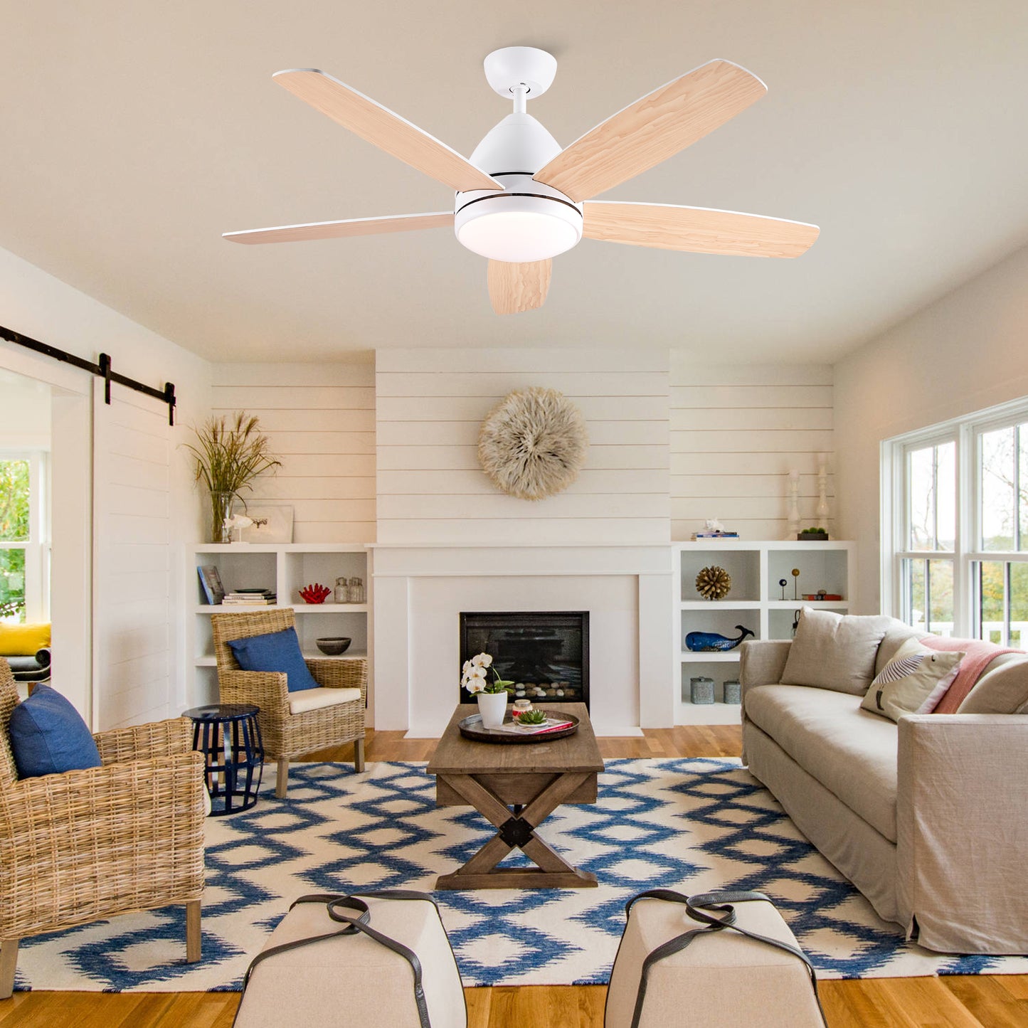52 in. Indoor White Ceiling Fan with Intergrated LED Light Kit, Remote Control, 5 Plywood Blades and Work with Smart APP image 3