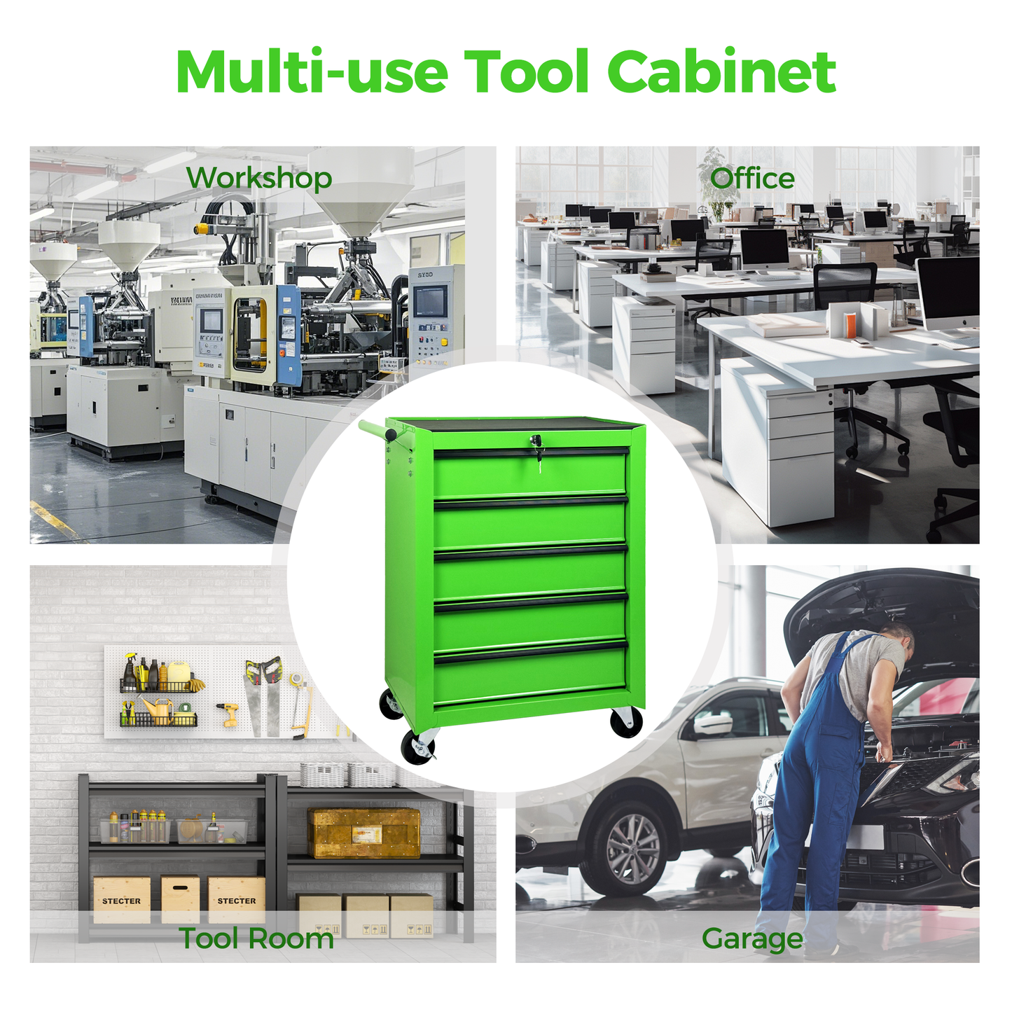 Rolling Metal Tool Chest with 5 Drawers, 20" 5-Drawer Tool Chest Cabinet with Ball Bearing Drawer Slides, Steel Tool Storage Box Organizer -GREEN image 6