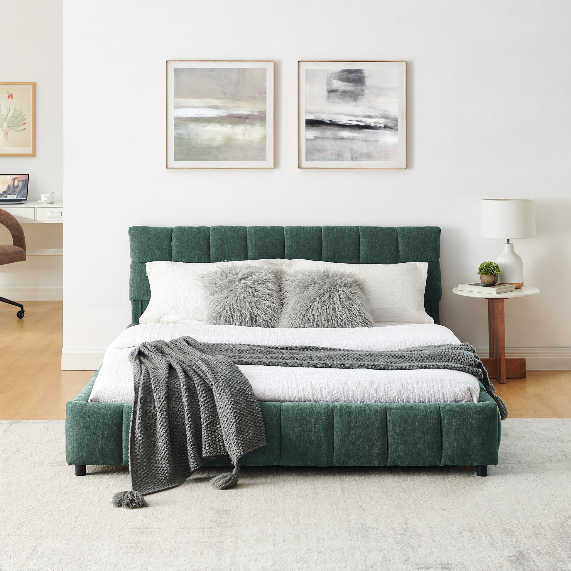 Queen Size Upholstered Bed,comfortable upholstered bed frame, Chenille fabric, with headboard and solid bed frame. With drawer for storage.-green(88.5''*68.5''*31'') image 6