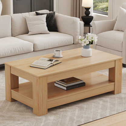 A modern and practical Natural Wood coffee table. The double layered coffee table is made of MDF material. Suitable for living room, bedroom, and study image 1