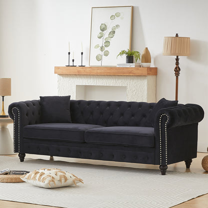FX 85.5"Living Room with velvet Chesterfield Sofa with Rolled Arms 3 Seater Sofa with Button Design and 2 Cushions for Apartment, Office, Living Room W1926S00064 image 4