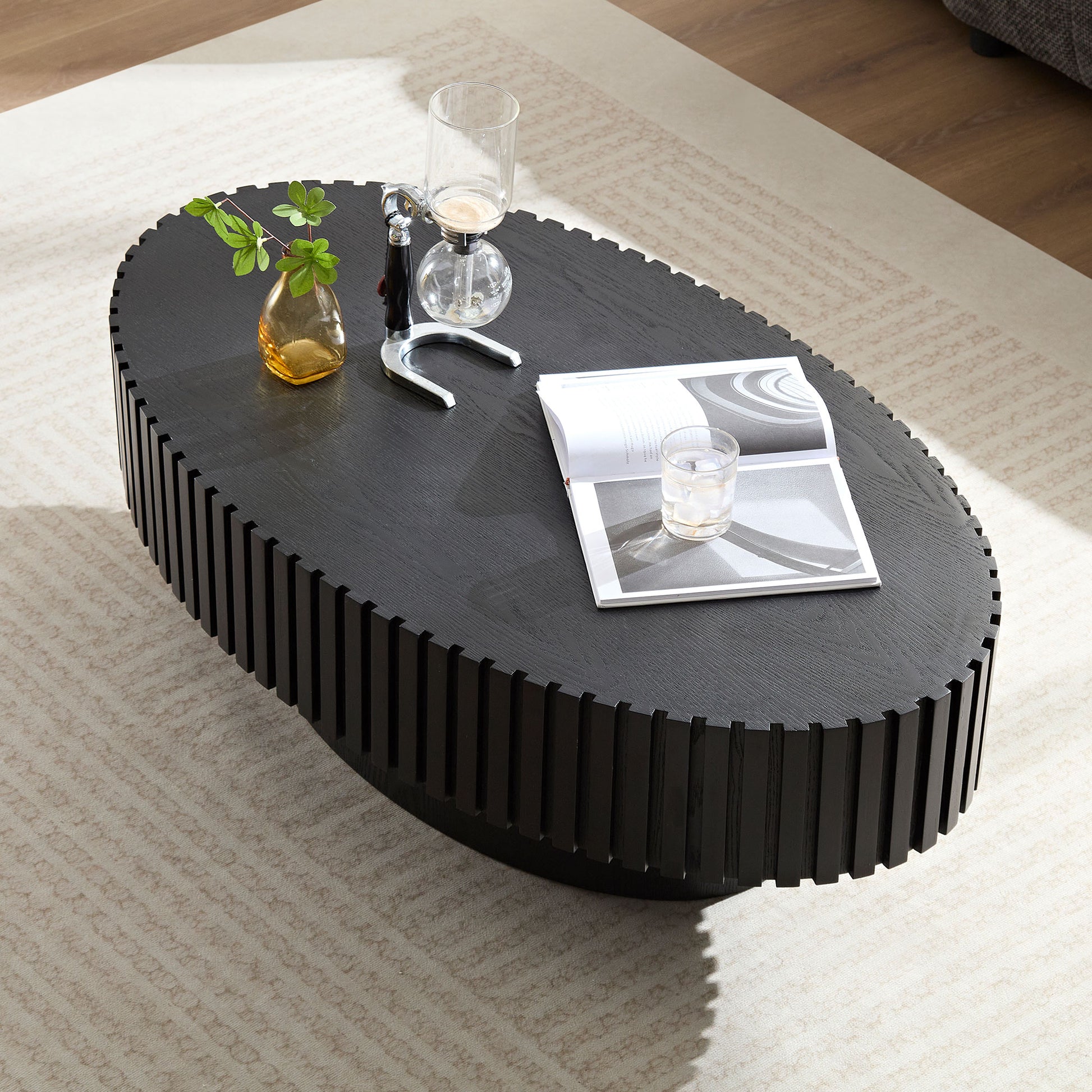 Modern Handcraft Drum Coffee Table Length 43.7 inch Ellipse Coffee Table for Living Room,Oval Small Coffee Table with Sturdy Pedestal,Black MDF image 5