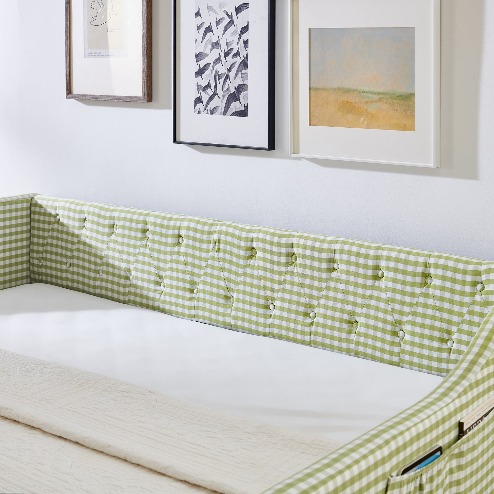 Full‑Size Daybed,Upholstered Convertible Daybed with Tufted Button Backrest, 3‑in‑1 Versatile Sofa Bed with Pull‑Out Trundle & Side Storage, Perfect for Compact Living-Green image 7