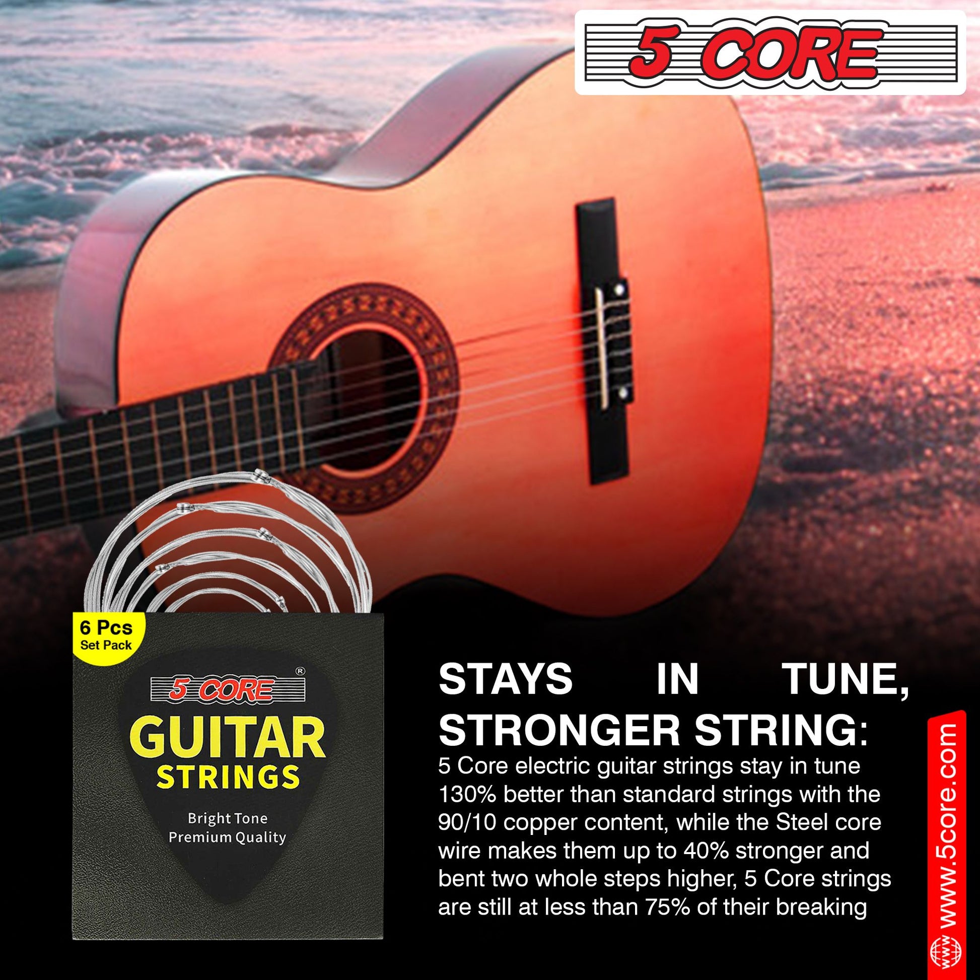5 Core Acoustic Guitar 6 String Set Light Gauge Steel Carbon Core Bright Powerful Tone Heavy Duty GS AC image 9