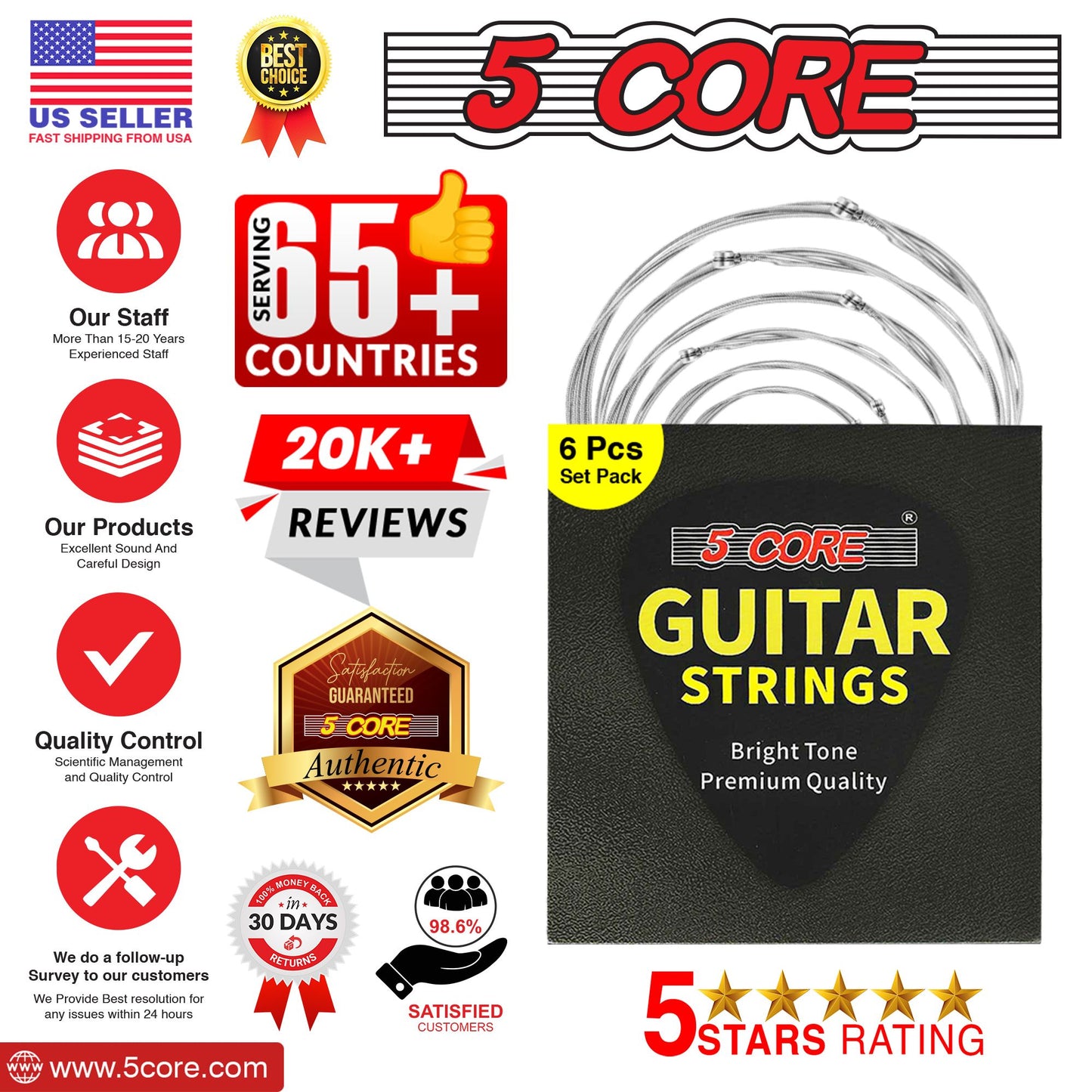 5 Core Acoustic Guitar 6 String Set Light Gauge Steel Carbon Core Bright Powerful Tone Heavy Duty GS AC image 15