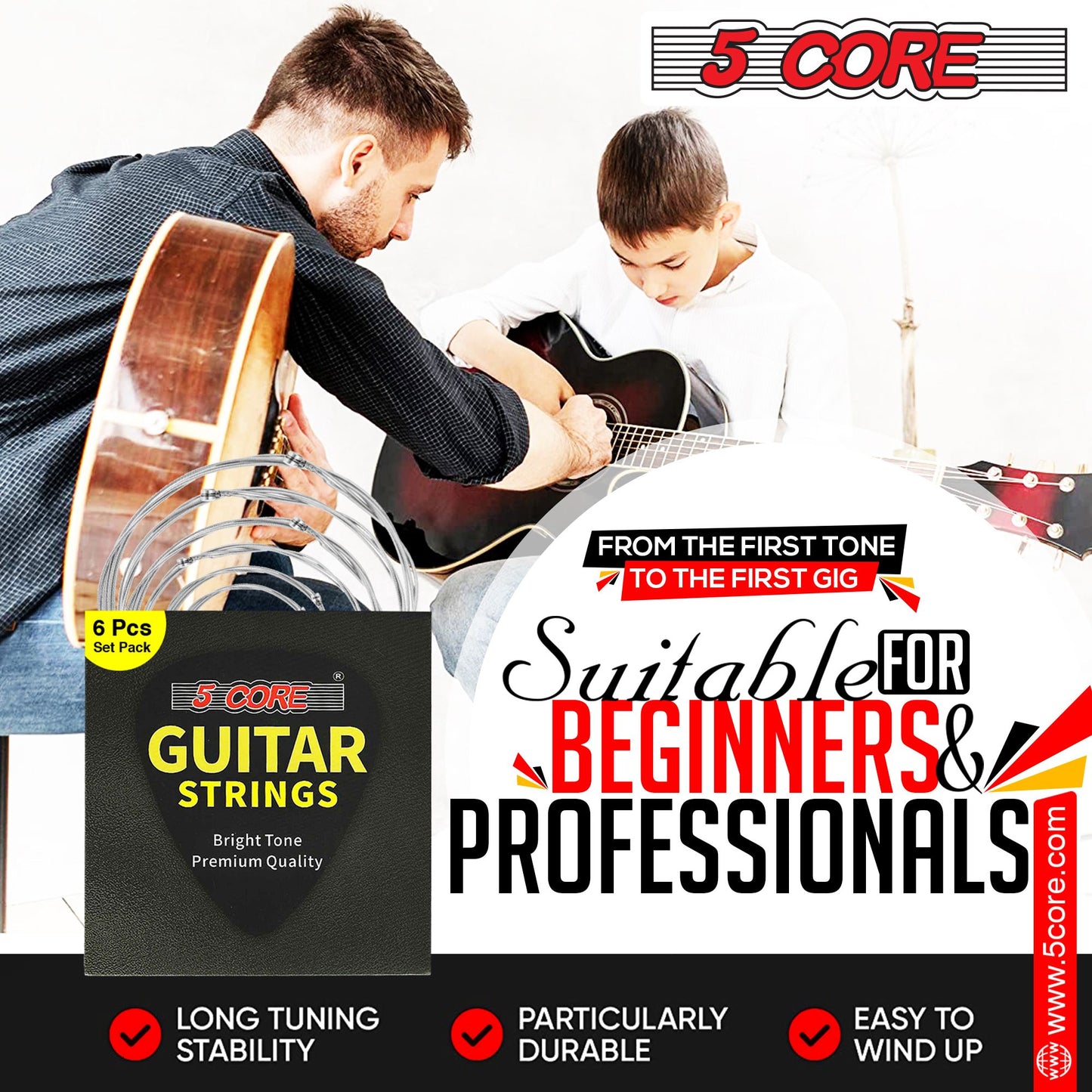 5 Core Acoustic Guitar 6 String Set Light Gauge Steel Carbon Core Bright Powerful Tone Heavy Duty GS AC image 14