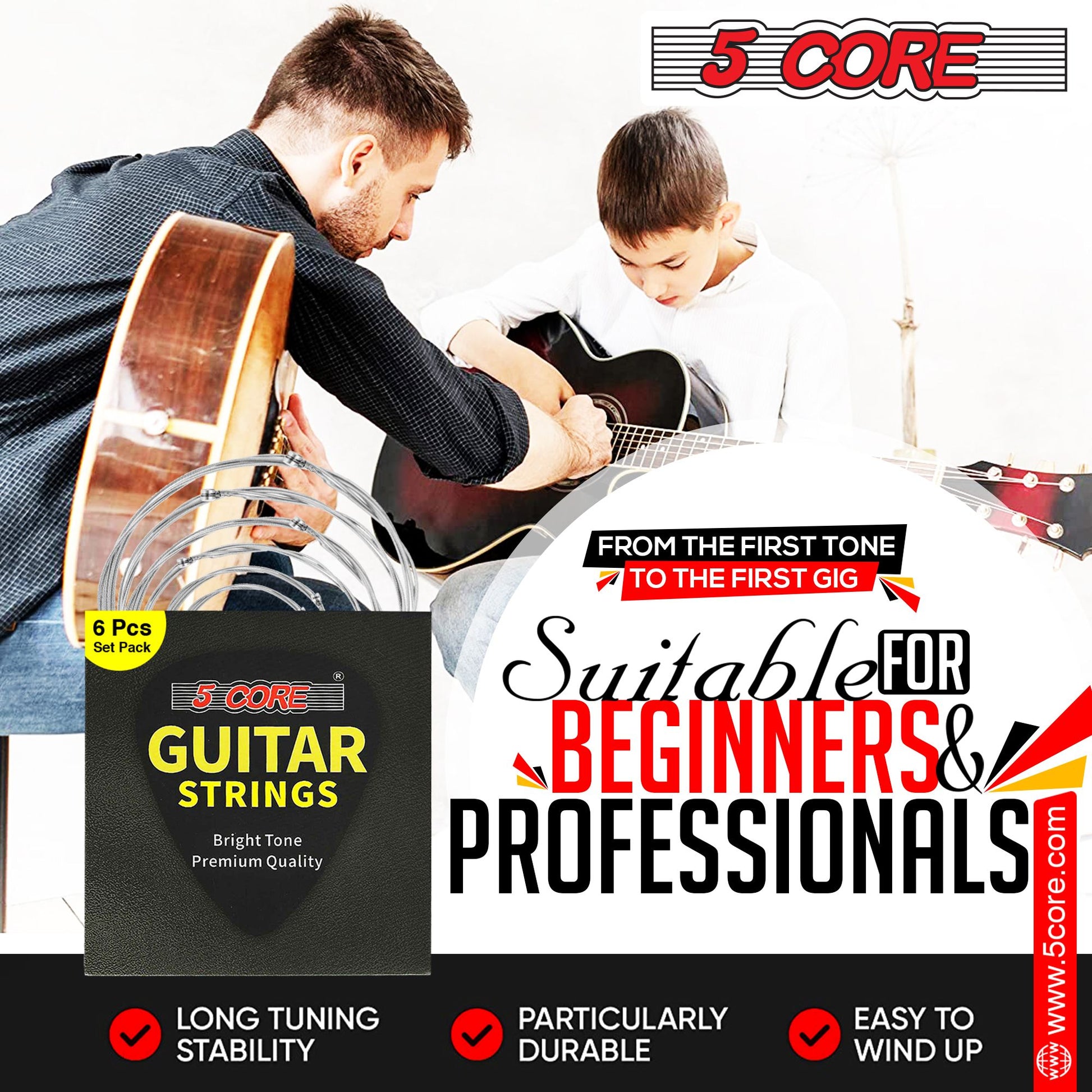 5 Core Acoustic Guitar 6 String Set Light Gauge Steel Carbon Core Bright Powerful Tone Heavy Duty GS AC image 14