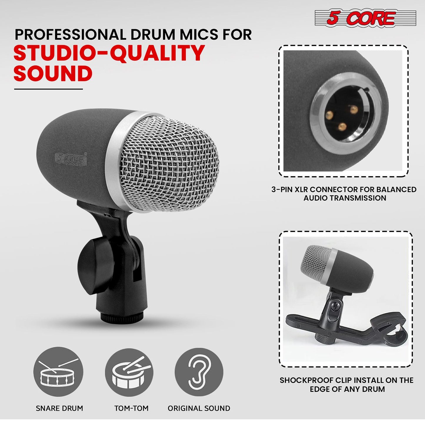 5 Core Conga Mic Snare Tom Set Professional XLR Cardioid Unidirectional Condenser Instrument Microphone Kit - CONGO 3XP image 4