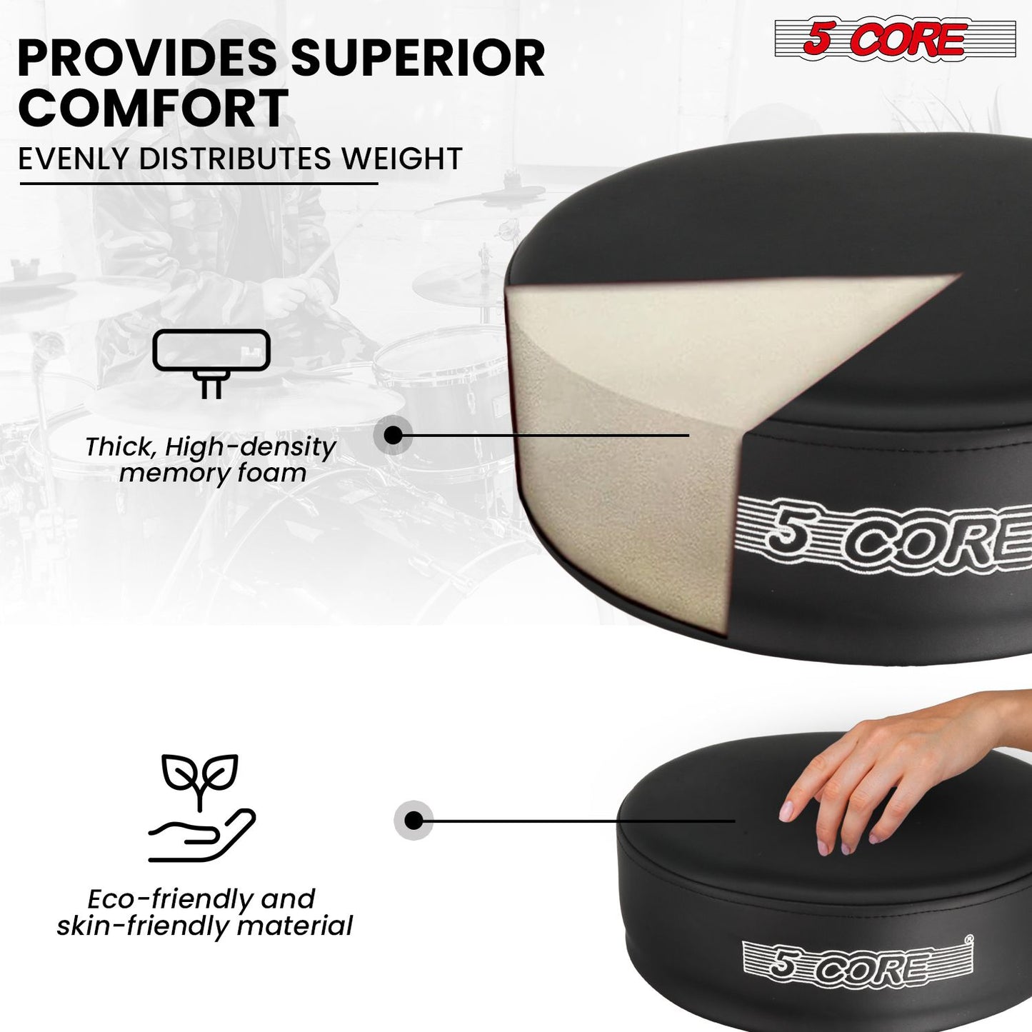 5 Core Drum Throne 4" Thick Padded Guitar Stool 400Lb Capacity Drummer Chair Swivel Adjustable image 3