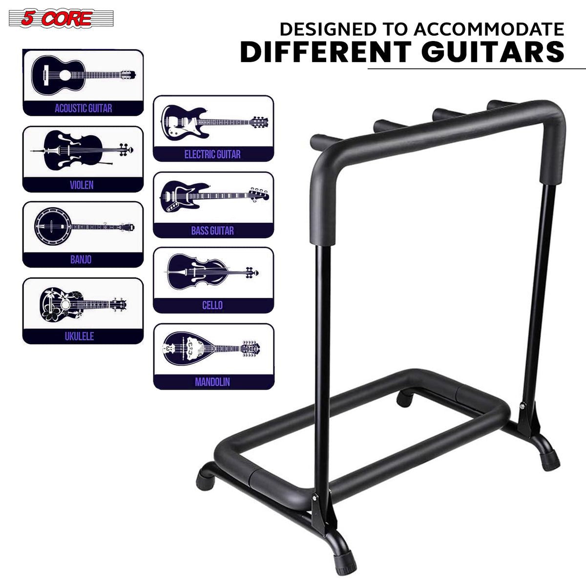 5 Core Guitar Rack 3 Slot Multi Guitar Stand Triple Display Floor Stand Safe Storage Foldable Portable for Electric Acou image 13