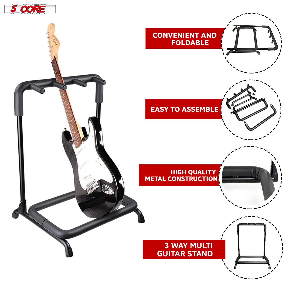 5 Core Guitar Rack 3 Slot Multi Guitar Stand Triple Display Floor Stand - Features