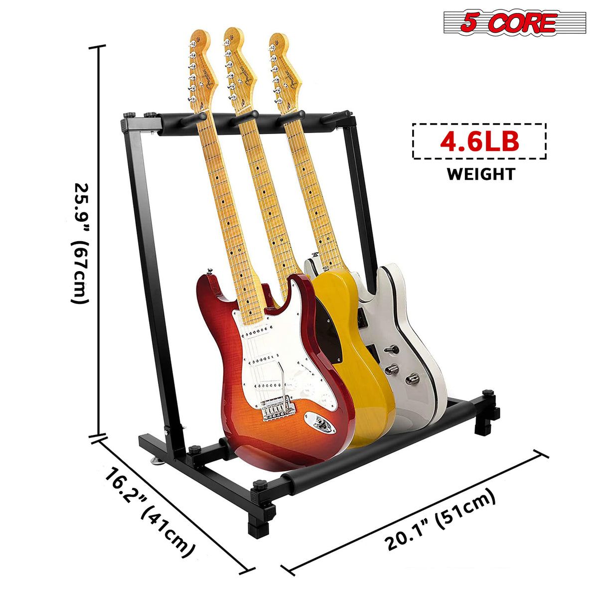 5 Core Guitar Rack 3 Slot Multi Guitar Stand Triple Display Floor Stand - Side View