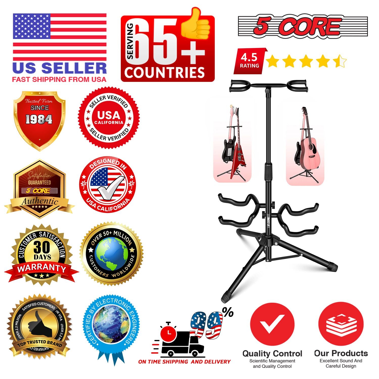 5 Core Guitar Stand Adjustable Double Guitars Stands Floor w Neck Holder Universal Supports for Acoustic Electric Classi image 9