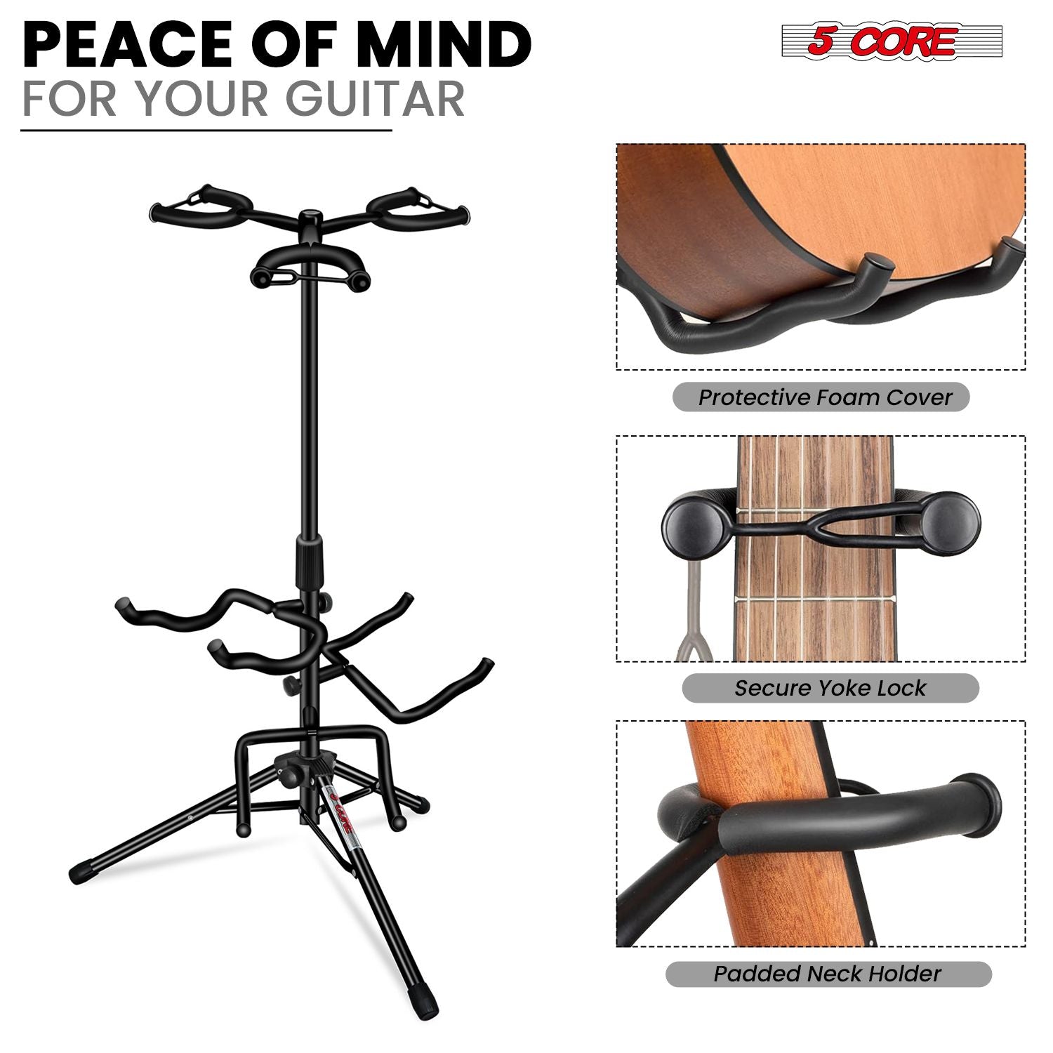 5 Core Guitar Stand Adjustable Triple Guitars Stands Floor w Neck Holder for Acoustic Electric Bass - GSH 3N1 image 5