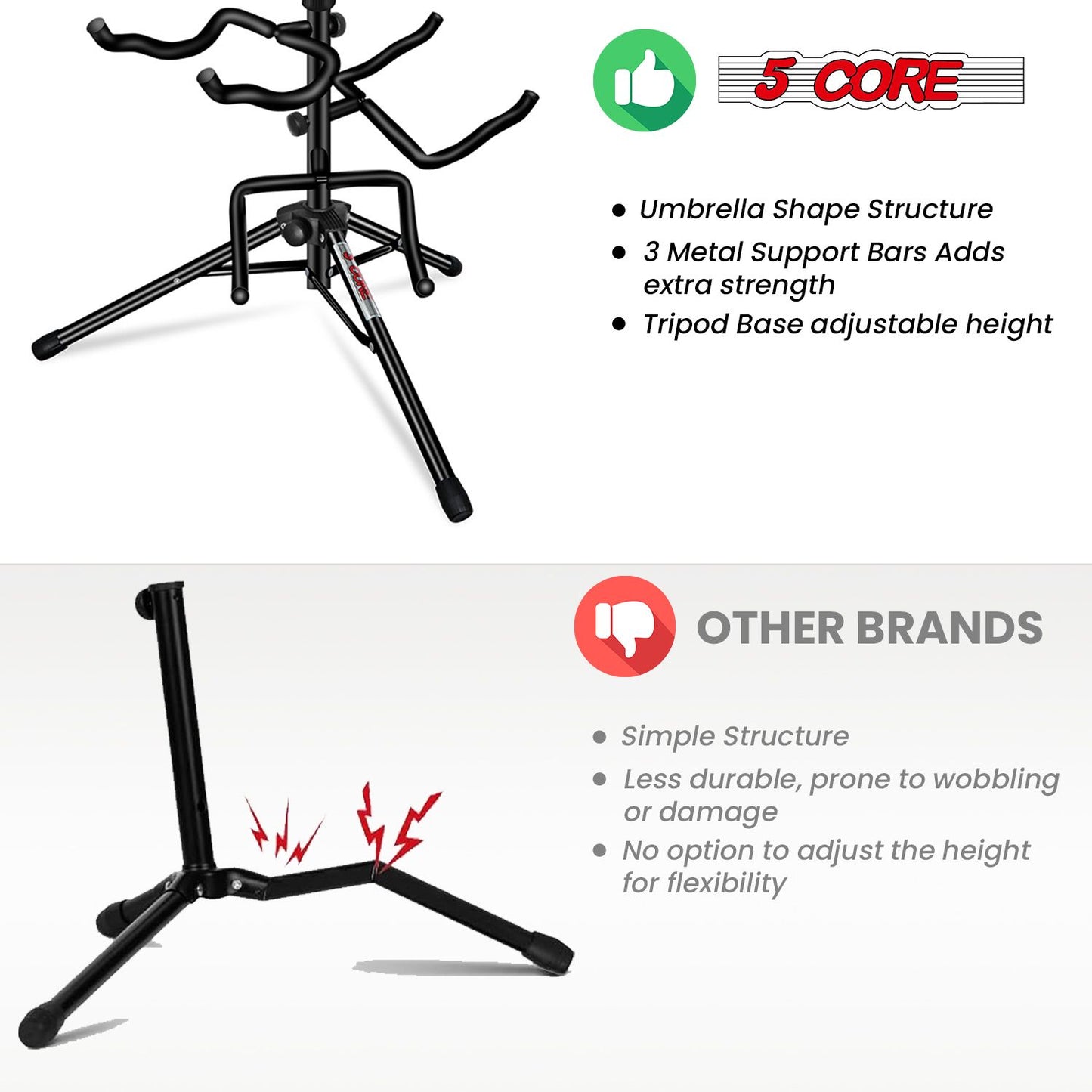 5 Core Guitar Stand Adjustable Triple Guitars Stands Floor w Neck Holder for Acoustic Electric Bass - GSH 3N1 image 8