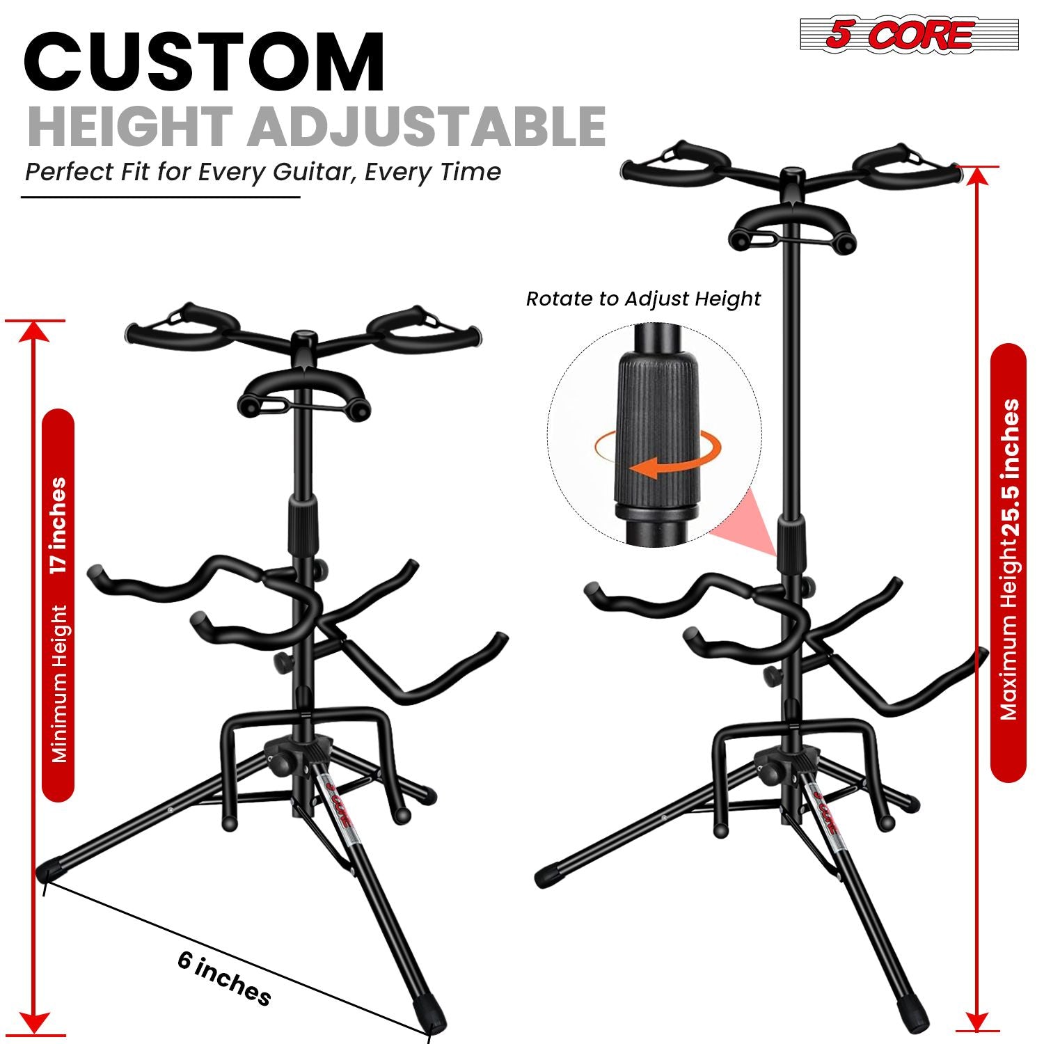 5 Core Guitar Stand Adjustable Triple Guitars Stands Floor w Neck Holder for Acoustic Electric Bass - GSH 3N1 image 3