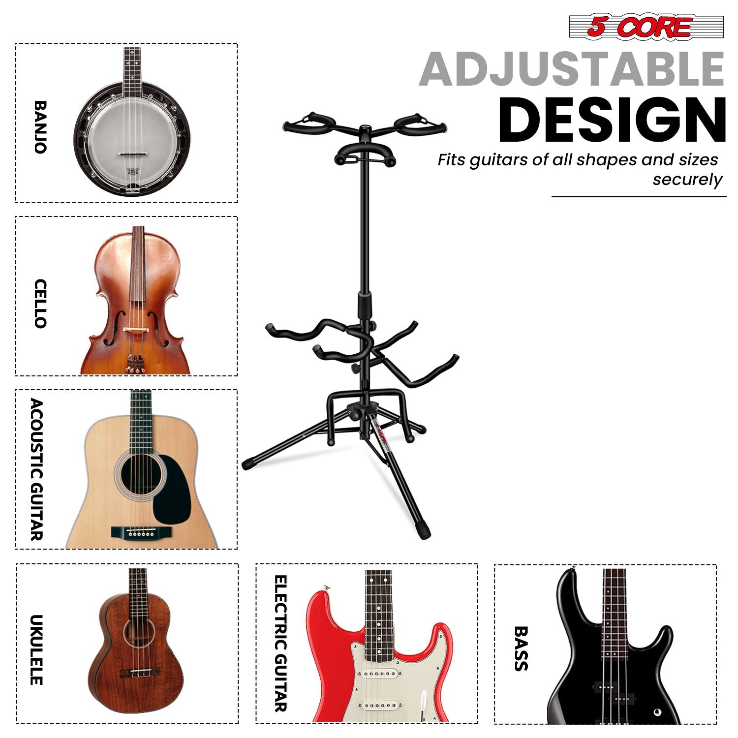 5 Core Guitar Stand Adjustable Triple Guitars Stands Floor w Neck Holder for Acoustic Electric Bass - GSH 3N1 image 4