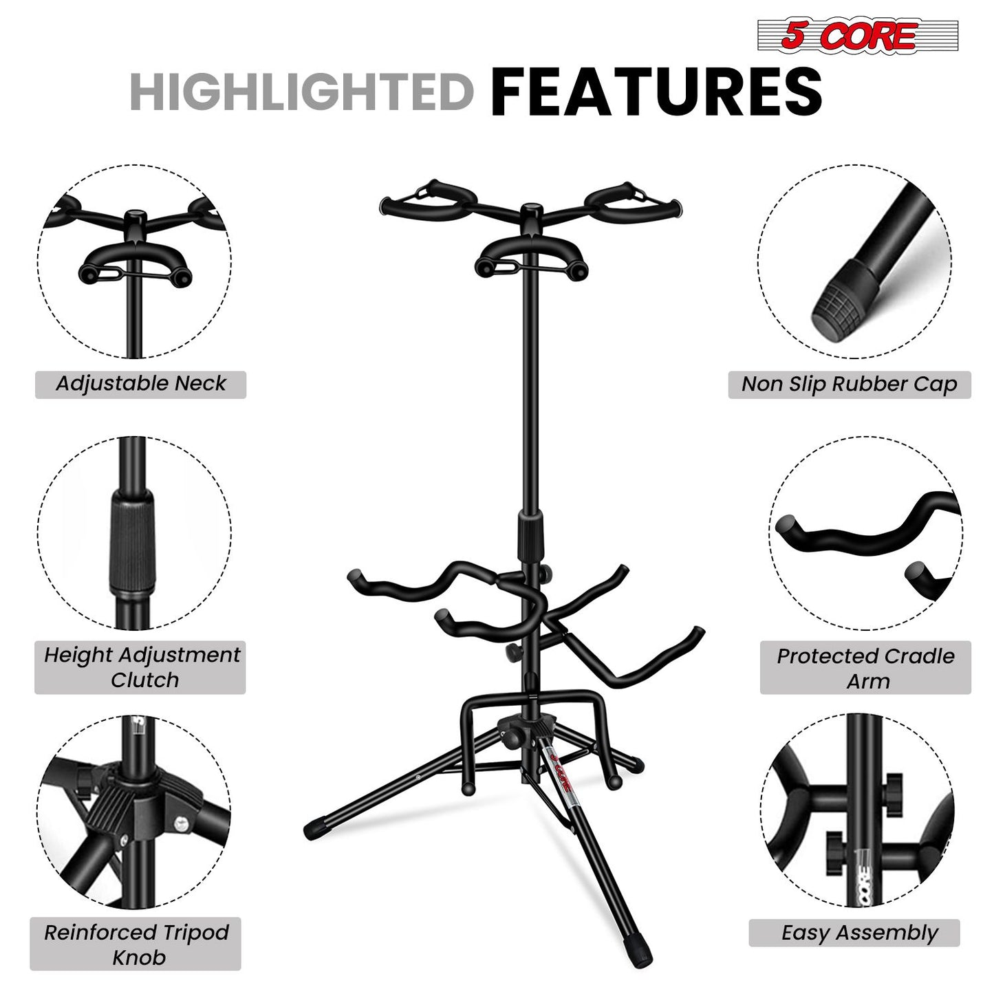 5 Core Guitar Stand Adjustable Triple Guitars Stands Floor w Neck Holder for Acoustic Electric Bass - GSH 3N1 image 7