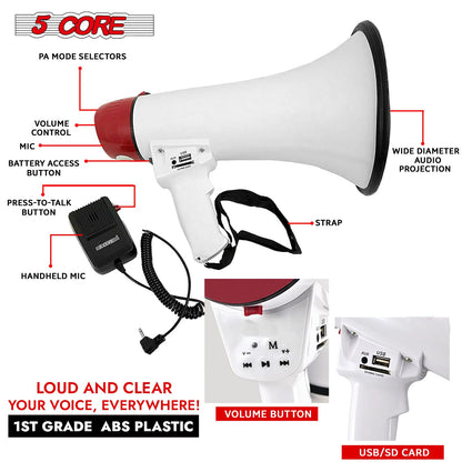 5 Core Megaphone 50W Bull Horn PA Speaker w 300M Range Loud Siren Voice Amplifier Portable image 4