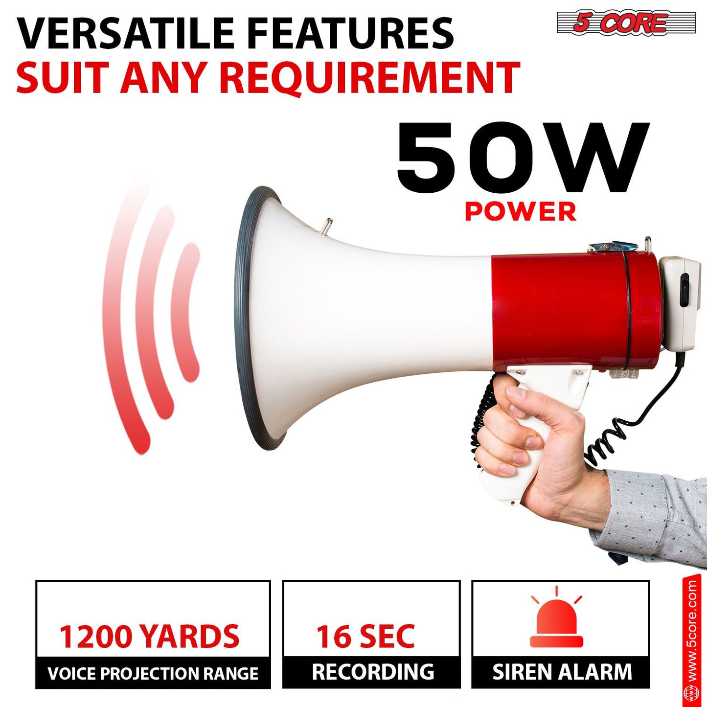 5 Core Megaphone 50W Bull Horn Professional PA Speaker w 1200 Yards Range Loud Siren Voice Amp image 7