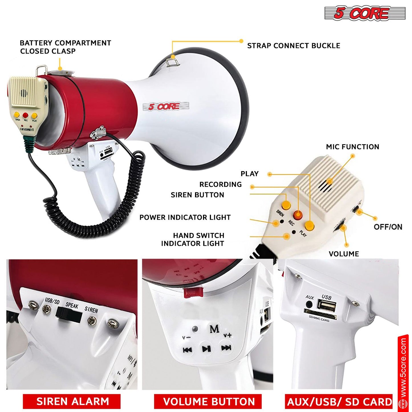 5 Core Megaphone 50W Bull Horn Professional PA Speaker w 1200 Yards Range Loud Siren Voice Amp image 4