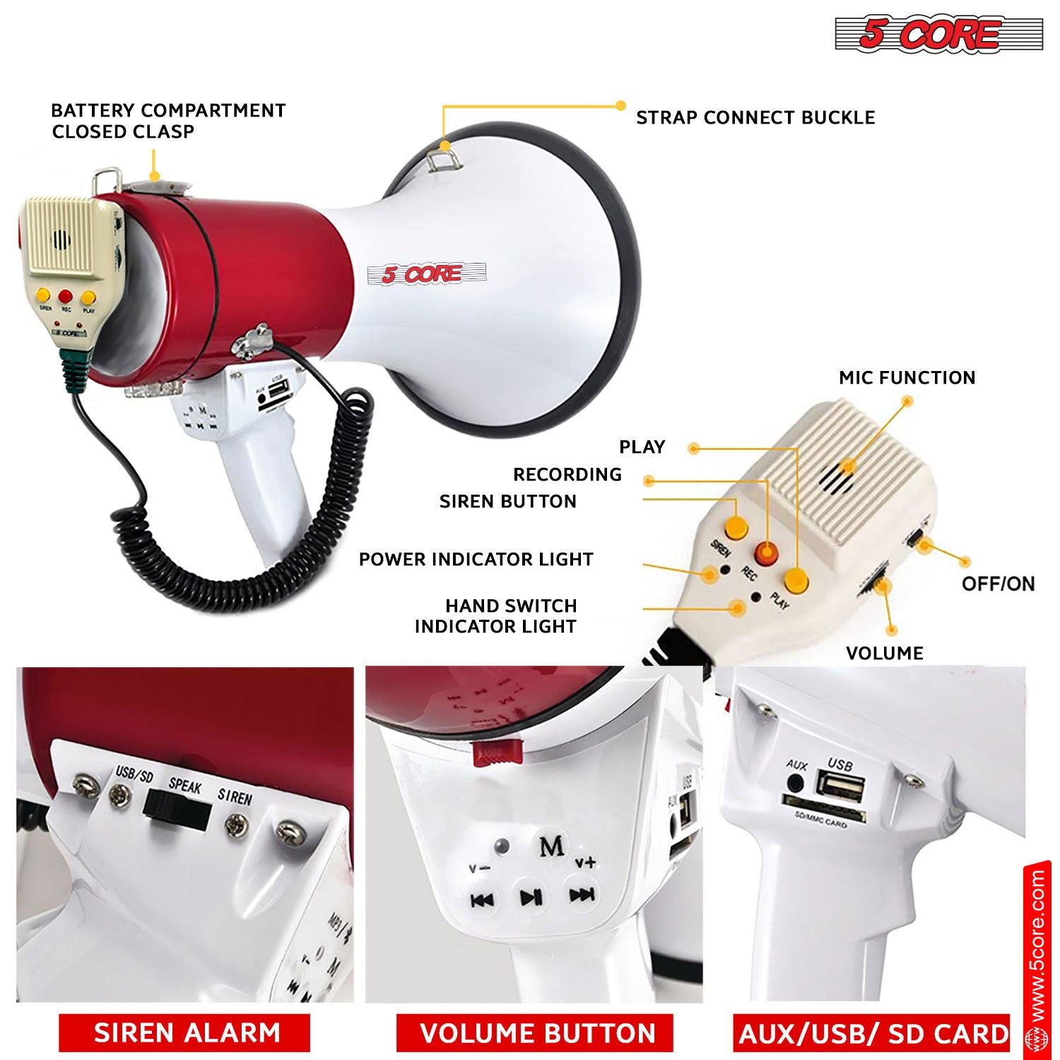 5 Core Megaphone 50W Bull Horn Professional PA Speaker w 1200 Yards Range Loud Siren Voice Amp image 4