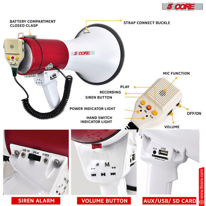 5 Core Megaphone 50W Bull Horn Professional PA Speaker w 1200 Yards Range Loud Siren Voice Amp image 4