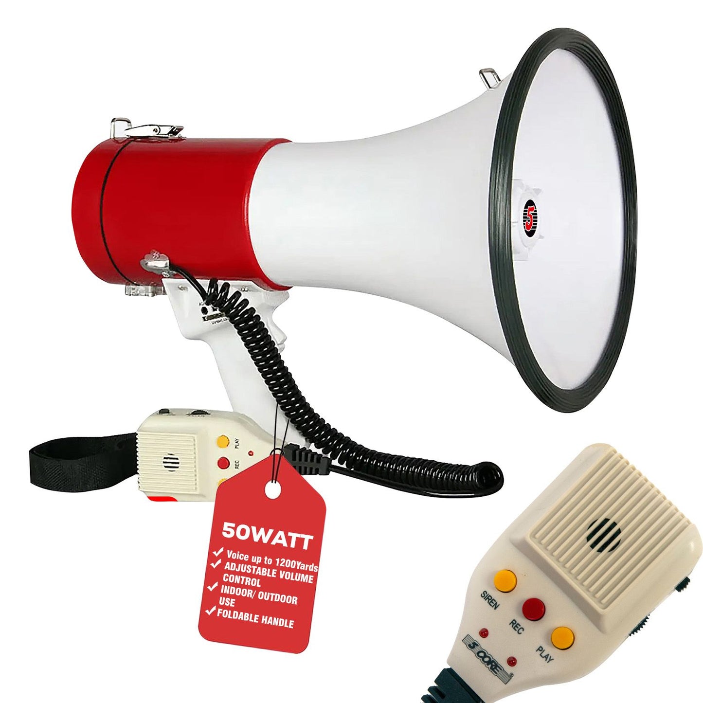 5 Core Megaphone 50W Bull Horn Professional PA Speaker w 1200 Yards Range Loud Siren Voice Amp image 1