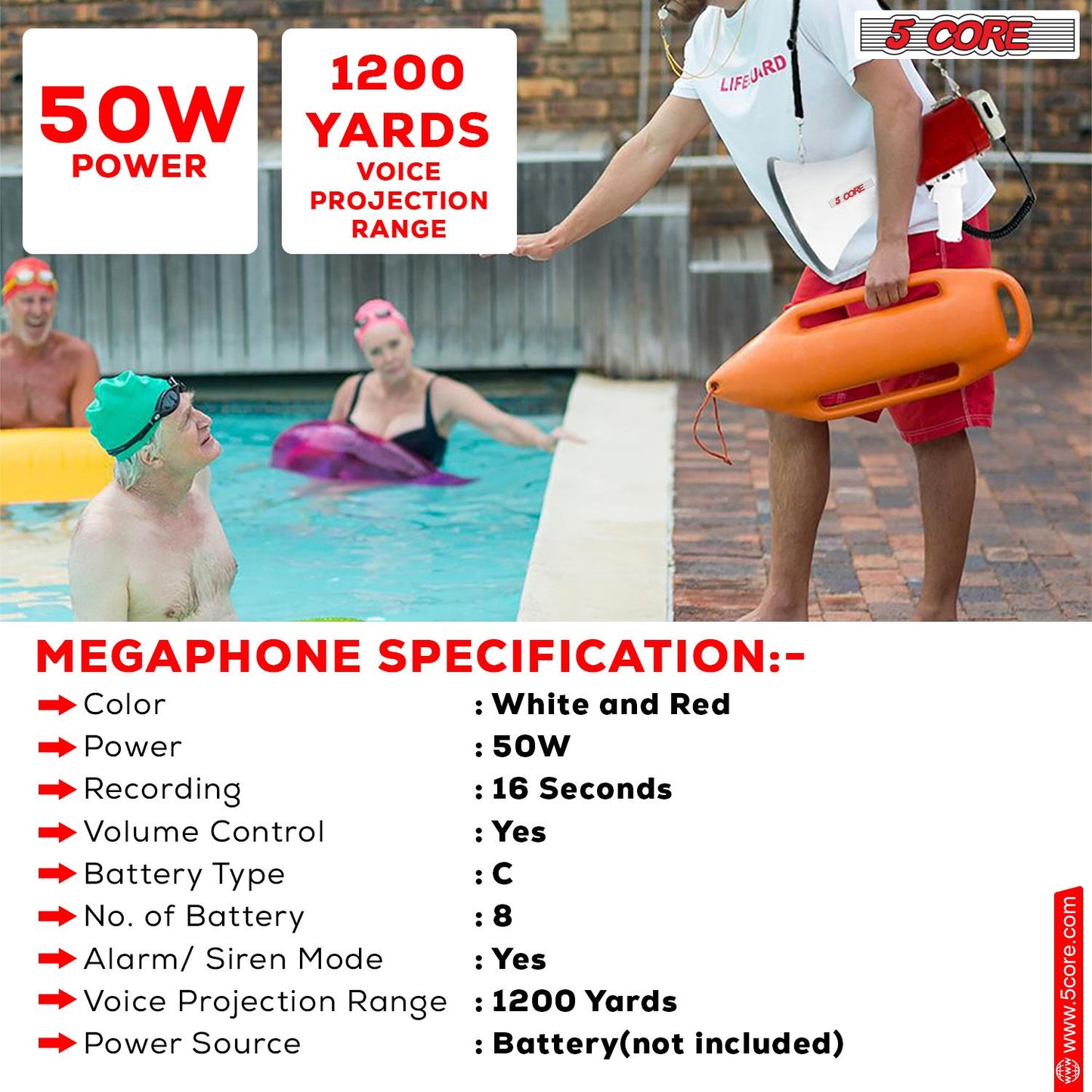 5 Core Megaphone 50W Bull Horn Professional PA Speaker w 1200 Yards Range Loud Siren Voice Amp image 8