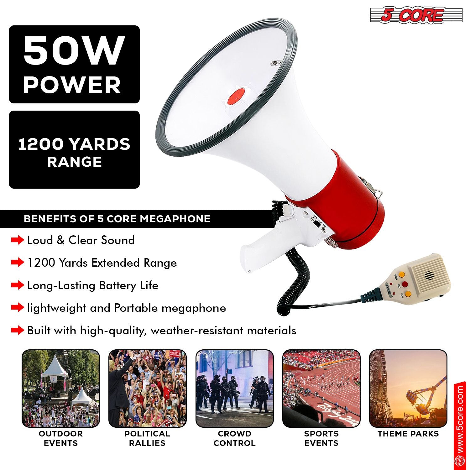 5 Core Megaphone 50W Bull Horn Professional PA Speaker w 1200 Yards Range Loud Siren Voice Amp image 2