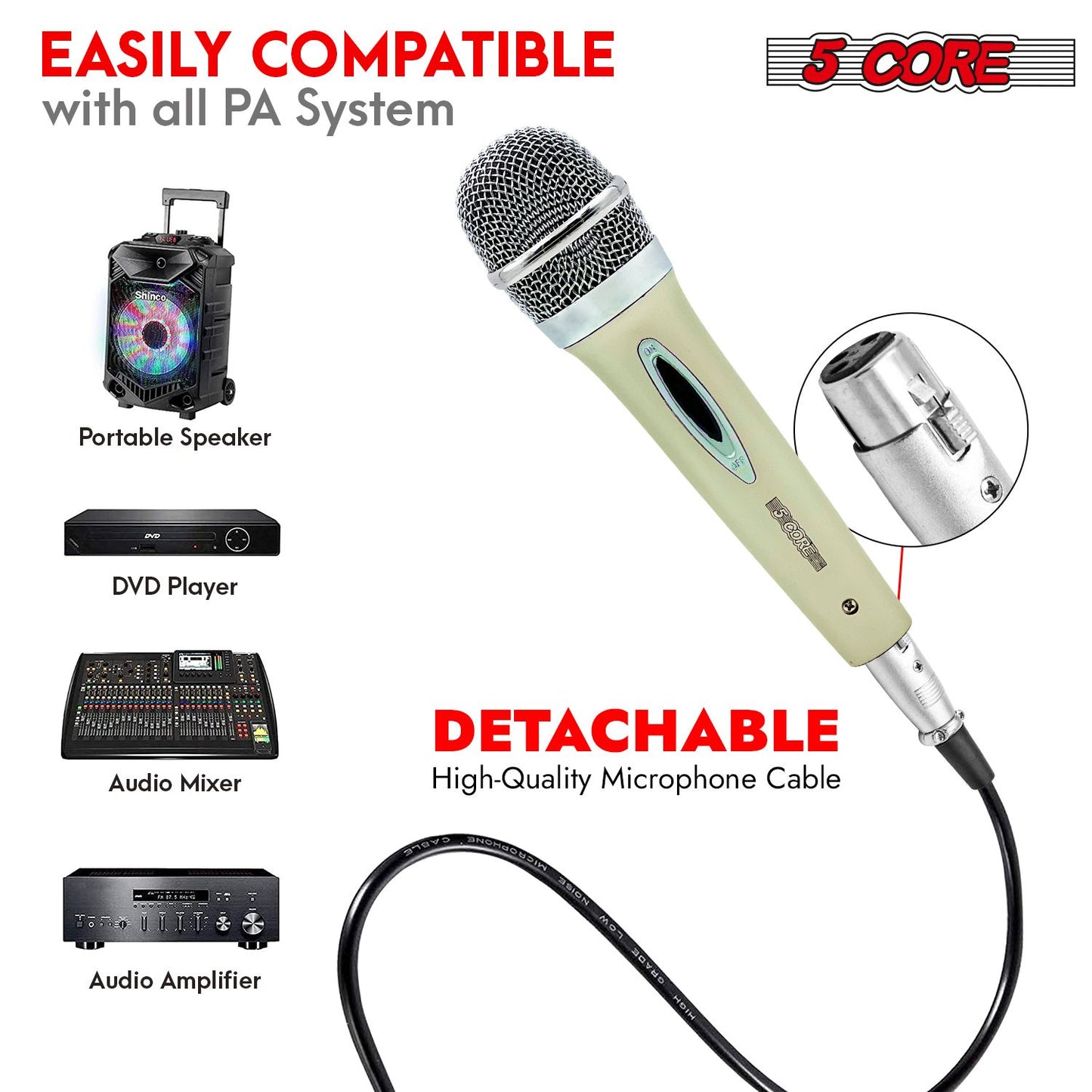 5 CORE Microphone Dynamic Vocal Handheld Mic Cardioid Unidirectional Microfono w On Off Switch + XLR Audio Cable for Sin image 4